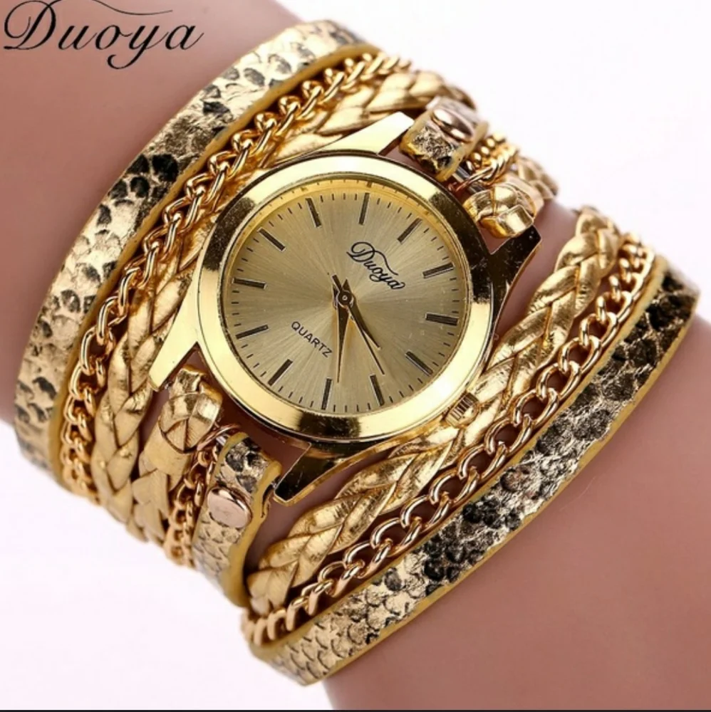Duoya Faux Leather Wrap Wrist Watch Gold
